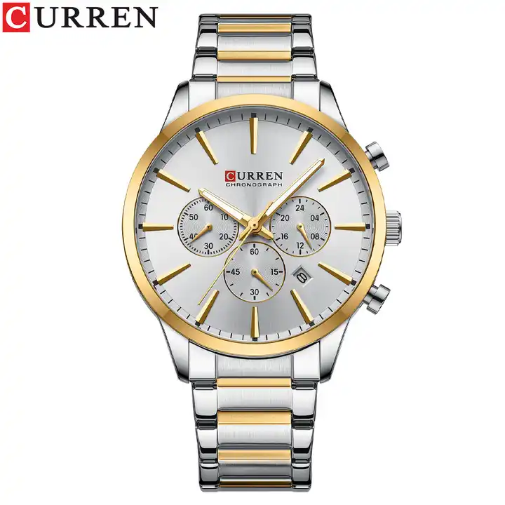 M:8435 Curren Silver Dial Silver & Golde Stainless Steel Chain Chronograph Men's Watch. TIMECHECK