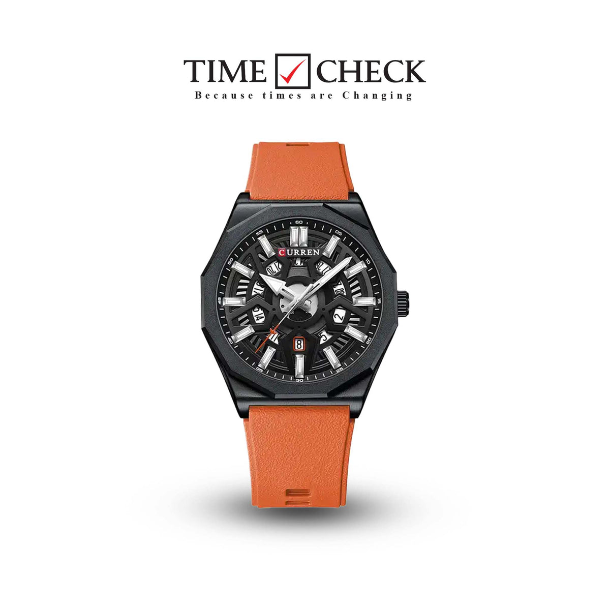 M:8437 Curren Black Dial Orange Silicone Strap Analog Quartz Men's Watch. TIMECHECK