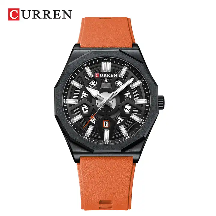 M:8437 Curren Black Dial Orange Silicone Strap Analog Quartz Men's Watch. TIMECHECK