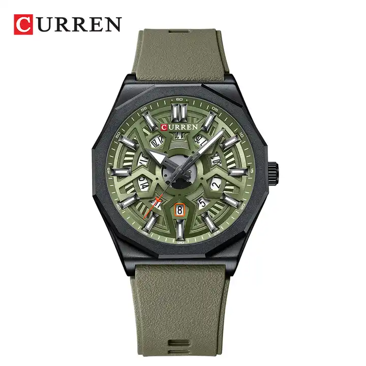 M:8437 Curren Green Dial Green Silicone Strap Analog Quartz Men's Watch.