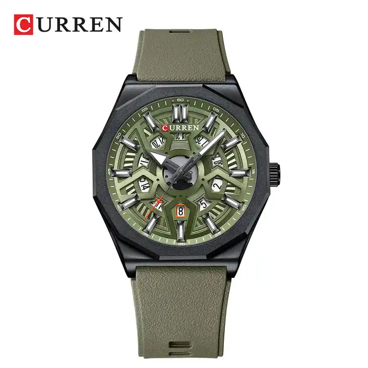 M:8437 Curren Green Dial Green Silicone Strap Analog Quartz Men's Watch. TIMECHECK