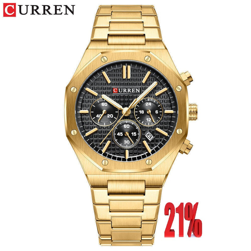 M:8440 Curren Black Dial Golden Steel Chain Chronograph Analog Quartz Men's Watch. TIMECHECK