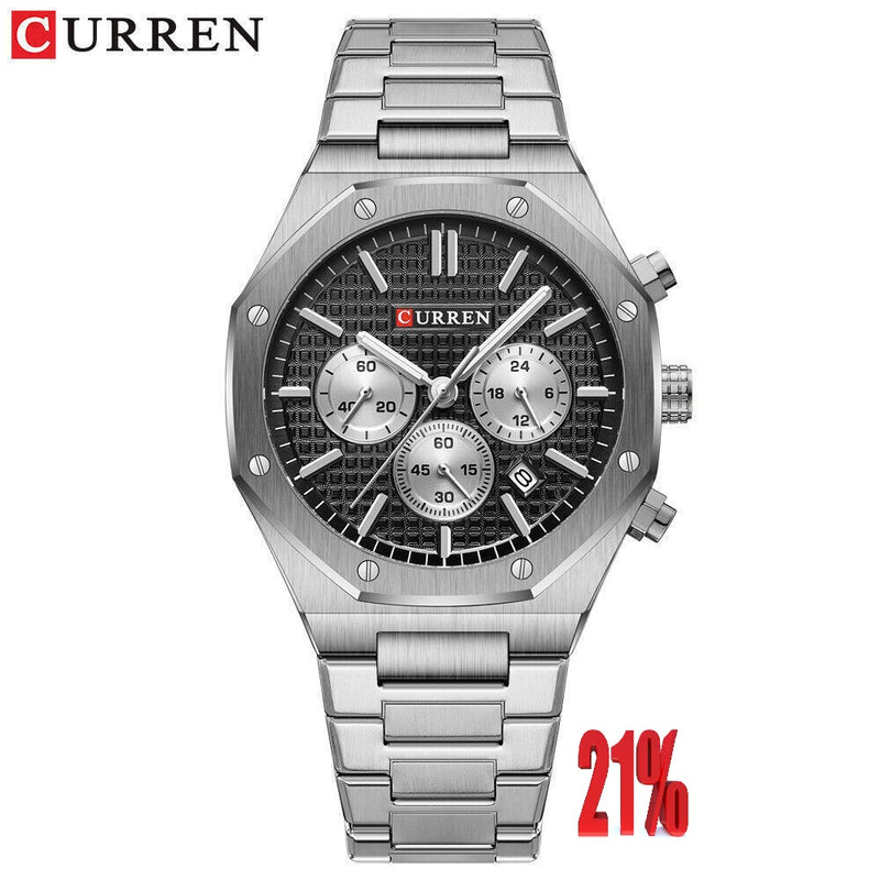 M:8440 Curren Black Dial Silver Steel Chain Chronograph Analog Quartz Men's Watch. TIMECHECK