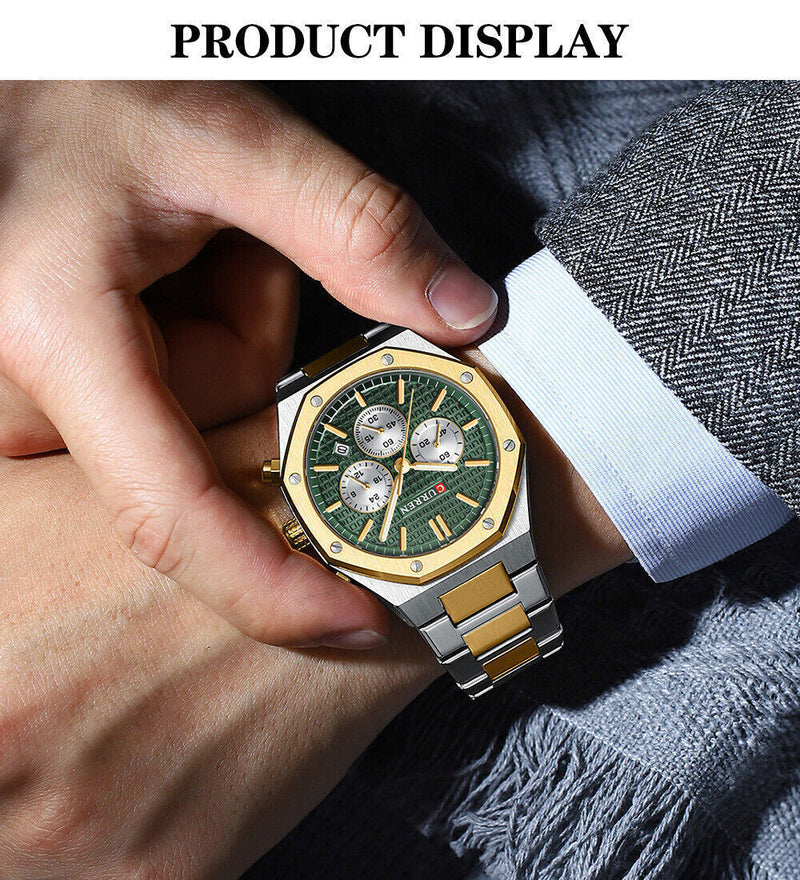 M:8440 Curren Green Dial Silver,Gold Steel Chain Chronograph Analog Quartz Men's Watch. TIMECHECK