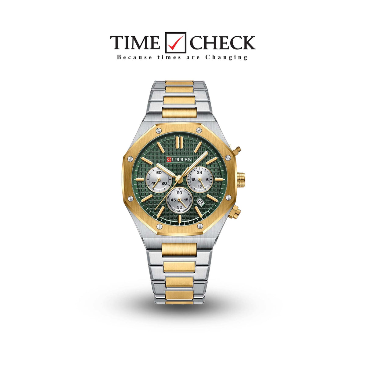 M:8440 Curren Green Dial Silver,Gold Steel Chain Chronograph Analog Quartz Men's Watch. TIMECHECK