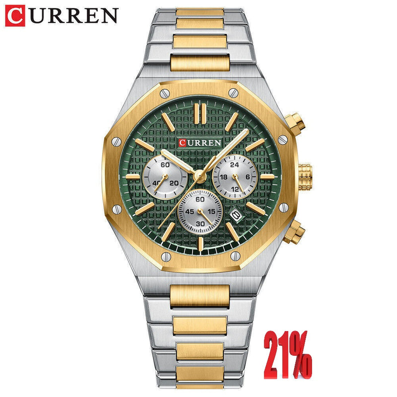 M:8440 Curren Green Dial Silver,Gold Steel Chain Chronograph Analog Quartz Men's Watch. TIMECHECK