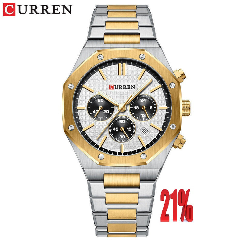 M:8440 Curren White Dial Silver,Gold Steel Chain Chronograph Analog Quartz Men's Watch. TIMECHECK