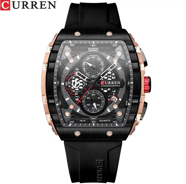 M:8442 Curren Black Dial Black Silicone Strap Chronograph Analog Quartz Men's Watch. TIMECHECK