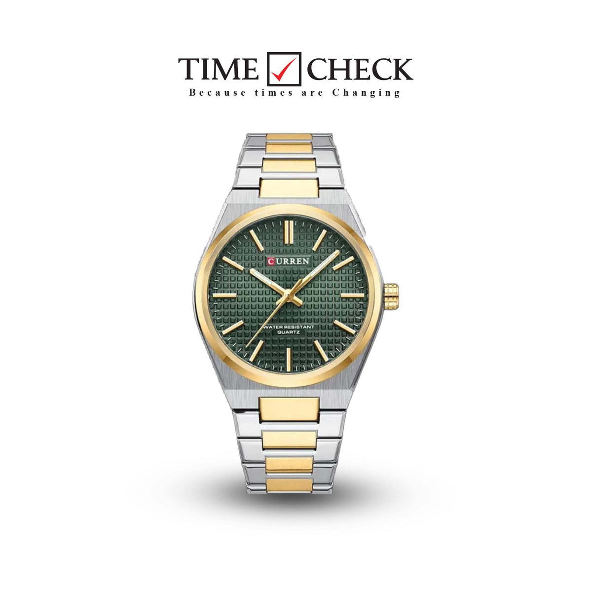 M:8439 Curren Green Dial Silver,Gold Steel Chain Analog Quartz Men's Watch. TIMECHECK