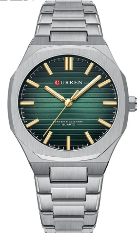 M:8456 Curren Green Dial Silver Stainless Steel Chain Analog Quartz Men's Watch. TIMECHECK