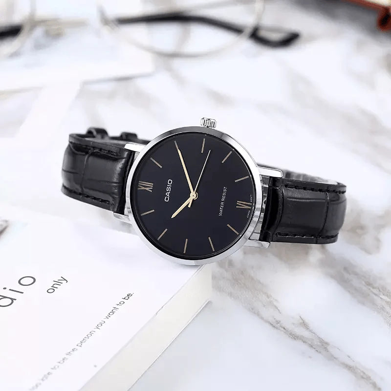 Casio LTP-VT01L-1BUDF Black Dial Leather Strap Analog Quartz Men's Watch.