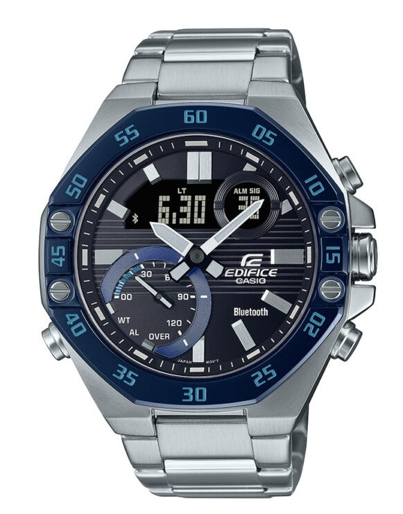 Casio Edifice Mens Watch – ECB-10DB-1BDF black Dial Silver Stainless Steel Chain Analog+DIGITAL Men's Watch. TIMECHECK