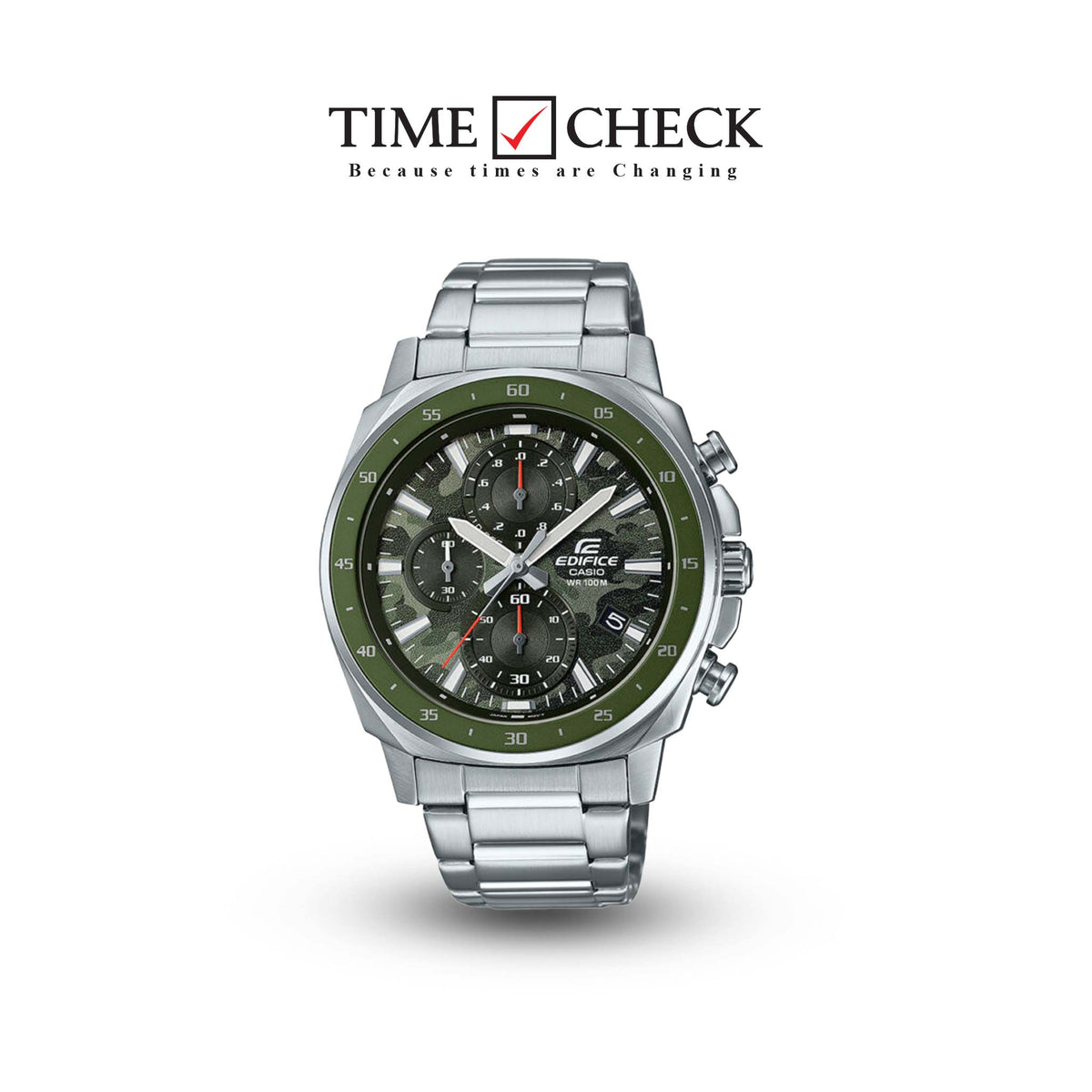 EFV-600D-3CVUDF Casio Edifice Green Dial Silver Stainless Steel Chain Analog Men's Watch. TIMECHECK