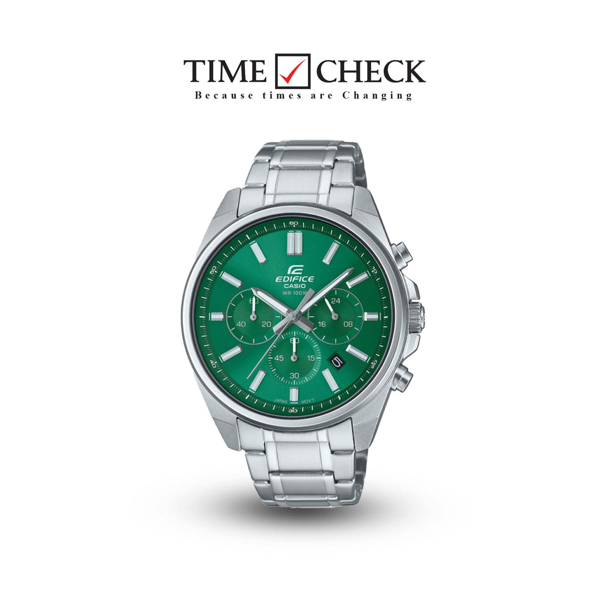 EFV-650D-3AVUDF Casio Edifice Green Dial Silver Stainless Steel Chain Analog Men's Watch. TIMECHECK