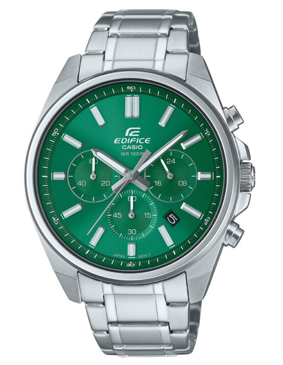 EFV-650D-3AVUDF Casio Edifice Green Dial Silver Stainless Steel Chain Analog Men's Watch.