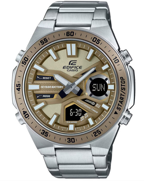 EFV-C110D-1A4VDF Casio Edifice Gold Dial Silver SS Chain Analog+Digital Men's Watch. TIMECHECK