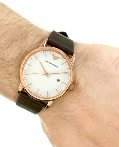 AR2502 Emporio Armani White Dial Brown Leather Strap Analog Quartz Men's Watch.