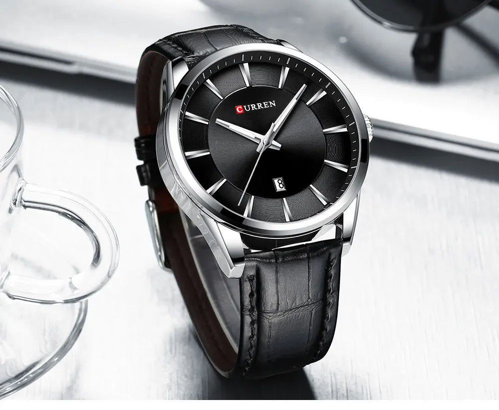 M:8365 Curren Black Dial Black Leather Strap Classic Analog Quartz Men's Watch.