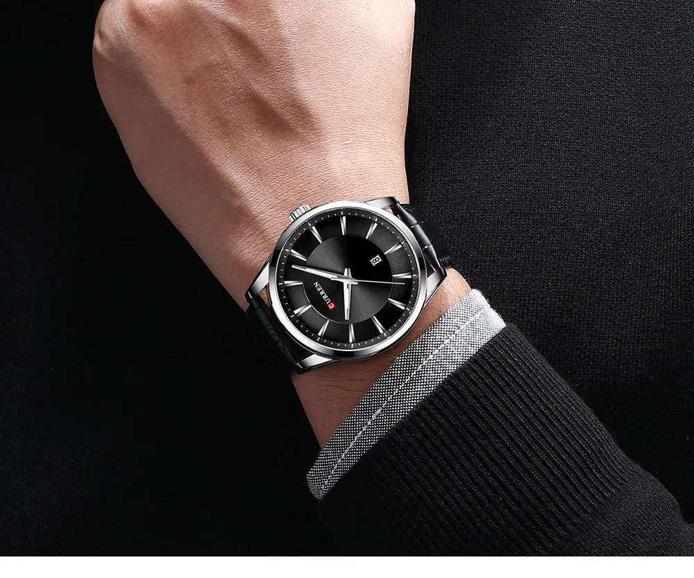 M:8365 Curren Black Dial Black Leather Strap Classic Analog Quartz Men's Watch.