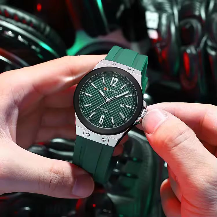 M-8467 Curren Green Dial Silver Body Green Silicone Strap Analog Quartz Men's Watch With Box & Bag