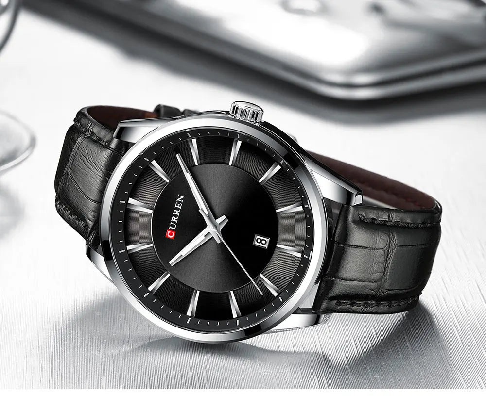 M:8365 Curren Black Dial Black Leather Strap Classic Analog Quartz Men's Watch.