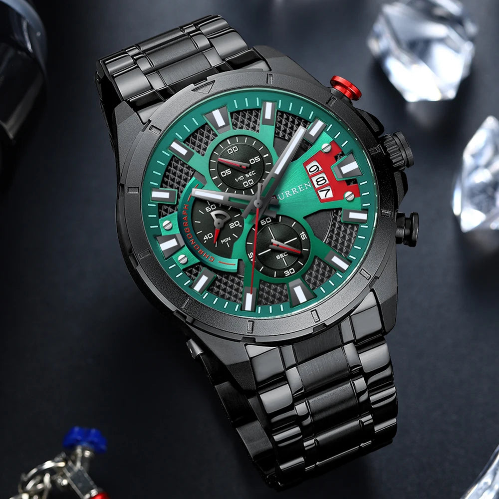 M:8401 Curren Classic Green Black Dial Black Stainless Steel Chain Chronograph Men's Watch.