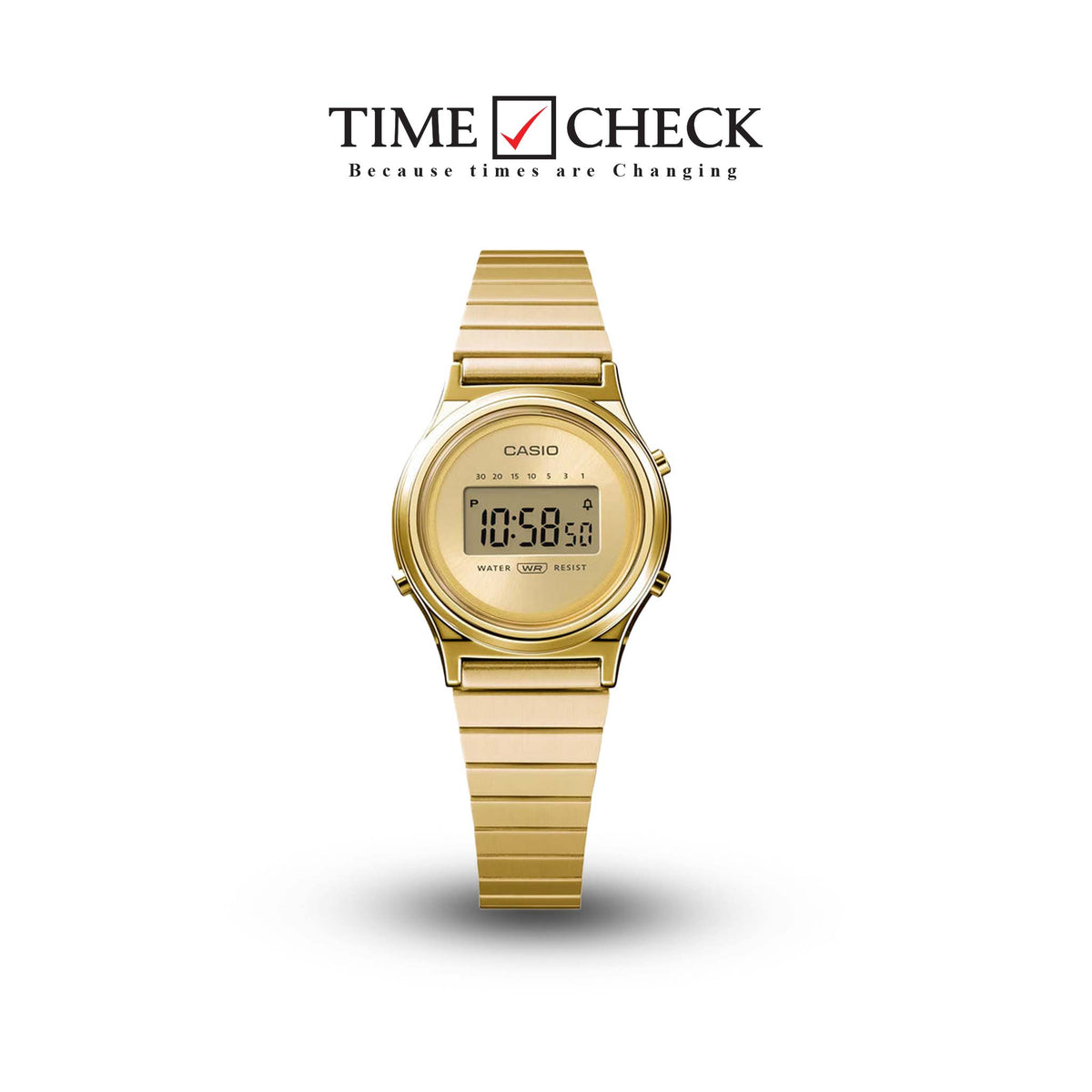 LA700WEG-9ADF Casio Vintage Gold Dial Gold Stainless Steel Chain Digital Women's Watch. TIMECHECK