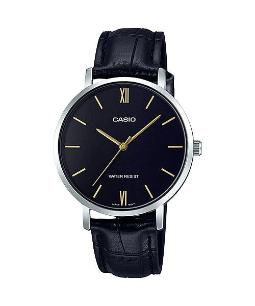 LTP-VT01L-1BUDF Casio Black Dial Leather Strap Analog Quartz Men's Watch.