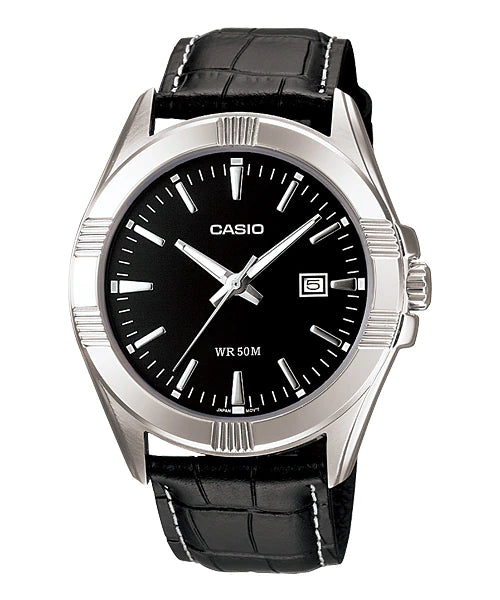 MTP-1308L-1A2VDF Casio Black Dial Black Leather Strap Analog Quartz Men's Watch.