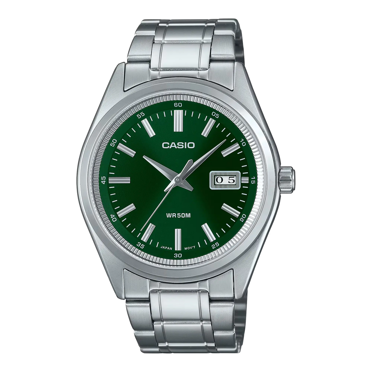 MTP-B180D-3AVDF Casio Green Dial Silver Stainless Steel Chain Analog Men's Watch.