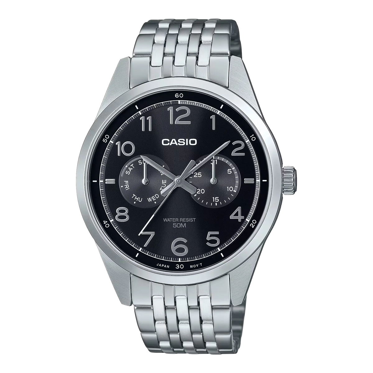 MTP-E340D-1AVDF Casio Black Dial Silver Stainless Steel Chain Analog Men's Watch.