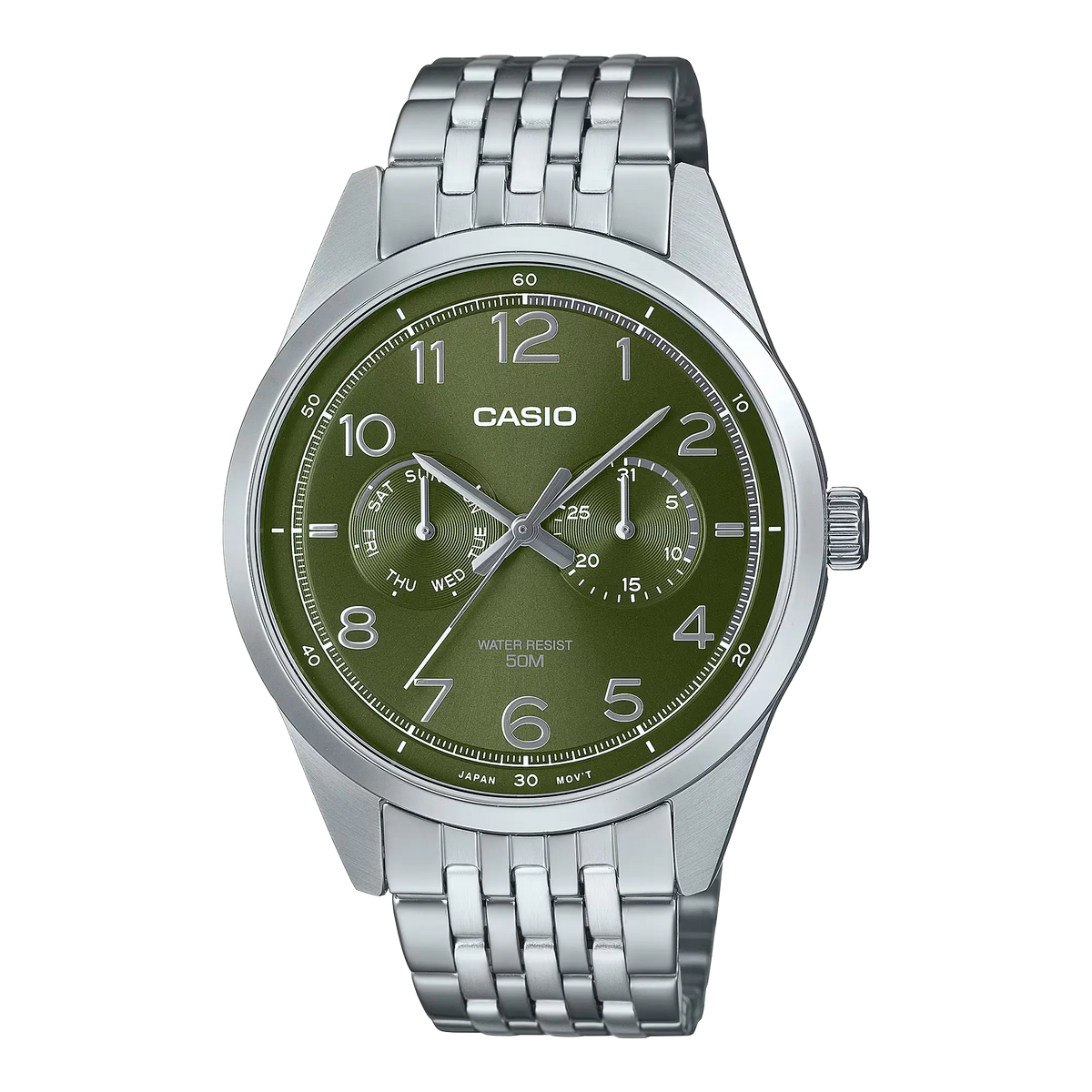 MTP-E340D-3AVDF Casio Green Dial Silver Stainless Steel Chain Analog Men's Watch.