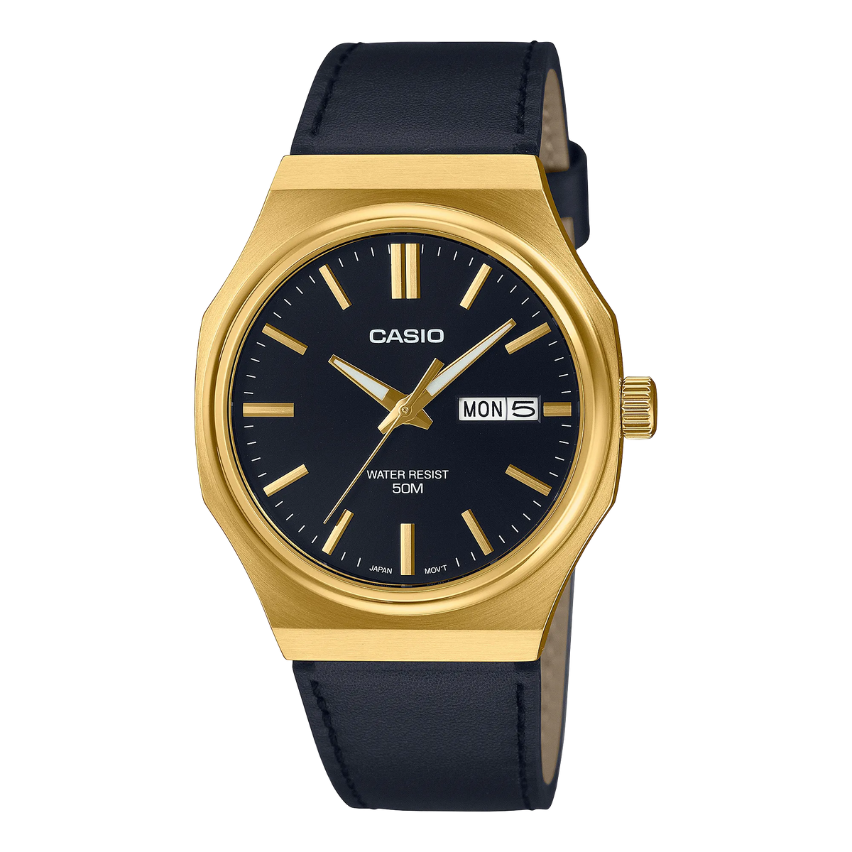 MTP-E735GL-1AVDF Casio Black Dial Black Lather Straps Analog Quartz Day& Date Men's Watch With Box & Bag