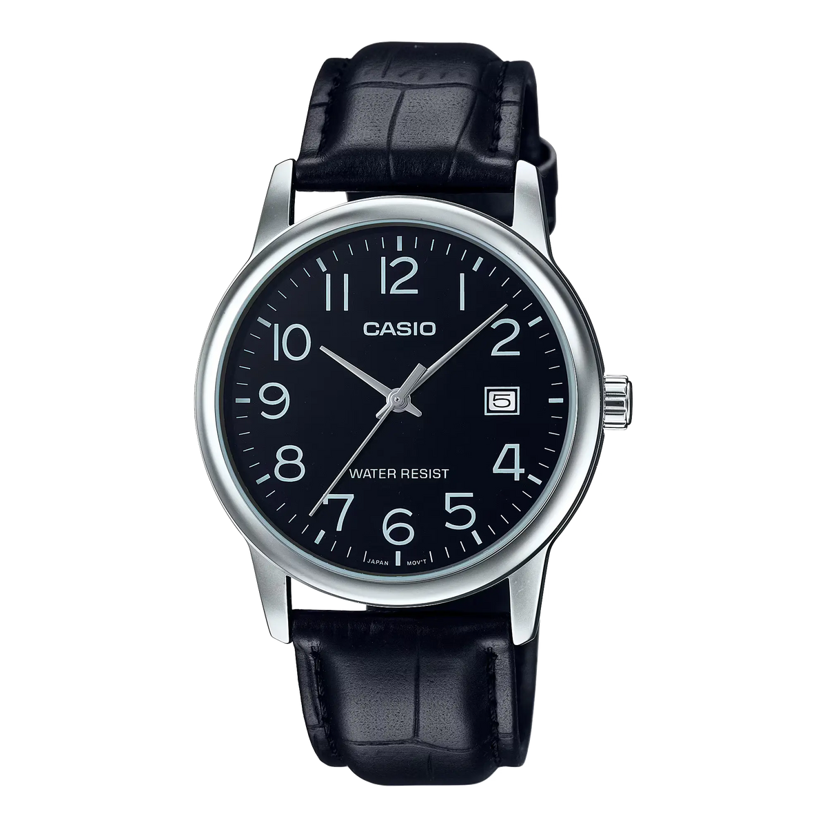 MTP-V002L-1BUDF Casio Black Dial Black Leather Strap Analog Quartz Men's Watch.