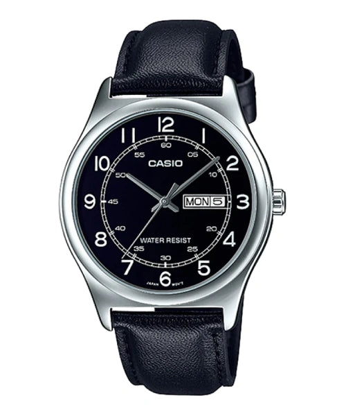 MTP-V006L-1B2UDF Casio Black Dial Black Leather Strap Analog Quartz Men's Watch.
