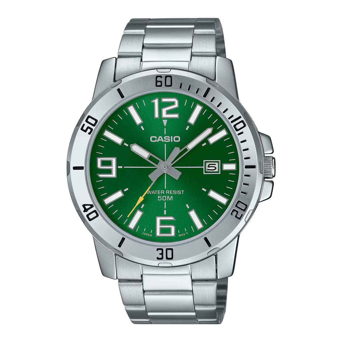 MTP-VD01D-3BVUDF Casio Green Dial Silver Stainless Steel Chain Analog Men's Watch.
