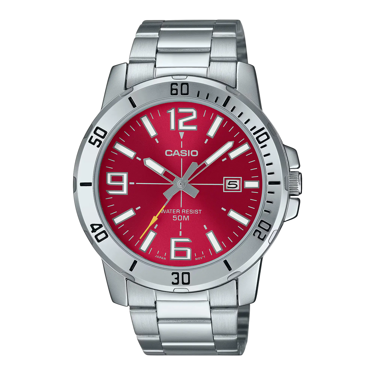 MTP-VD01D-4BVUDF Casio Stylish Red Dial Silver Stainless Steel Chain Analog Men's Watch.