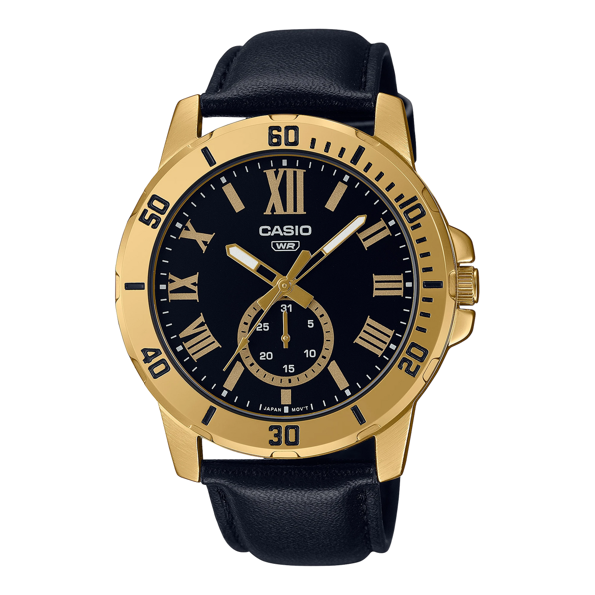 MTP-VD200GL-12UDF Casio Black Dial Black Leather Strap Analog Quartz Men's Watch.