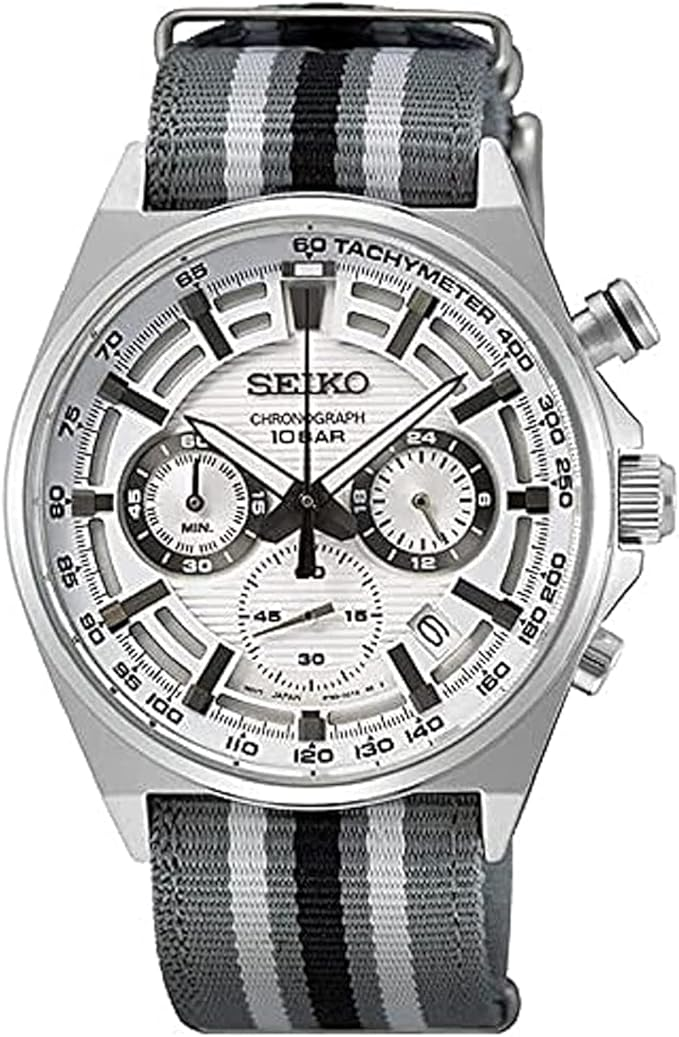 SSB401P1 Seiko White Dial Nylon Strap Steel Case Chronograph Men's Watch.