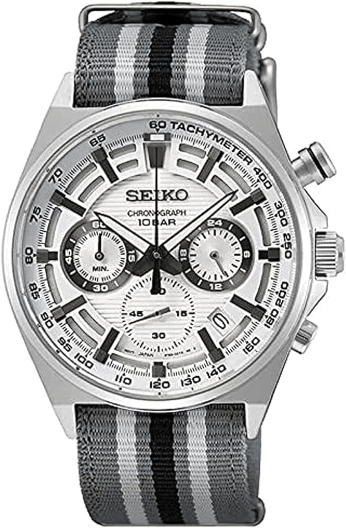 SSB401P1 Seiko White Dial Nylon Strap Steel Case Chronograph Men's Watch. TIMECHECK