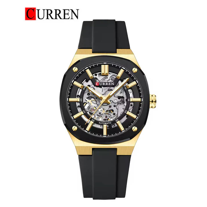 M-8485 Curren Black Dial Gold Body black Silicone Strap Automatic Self-Wind Men's Watch With Box & Bag