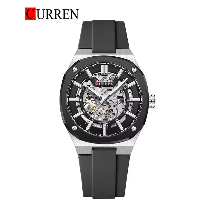 M-8485 Curren Black Dial Siler Body black Silicone Strap Automatic Self-Wind Men's Watch With Box & Bag