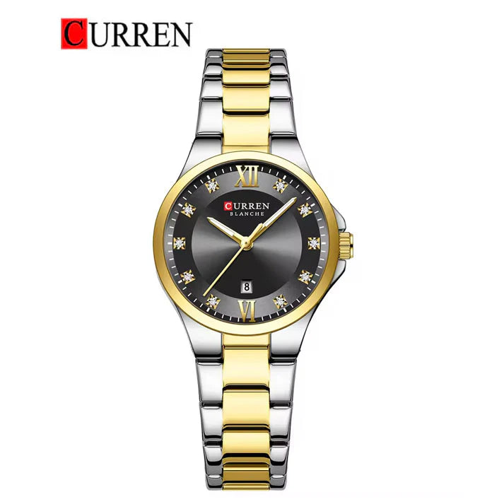C-9107L Curren Black Dial & Golden Silver Stainless Steel Chain Analog Quartz Women's Watch.