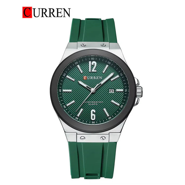 M-8467 Curren Green Dial Silver Body Green Silicone Strap Analog Quartz Men's Watch With Box & Bag