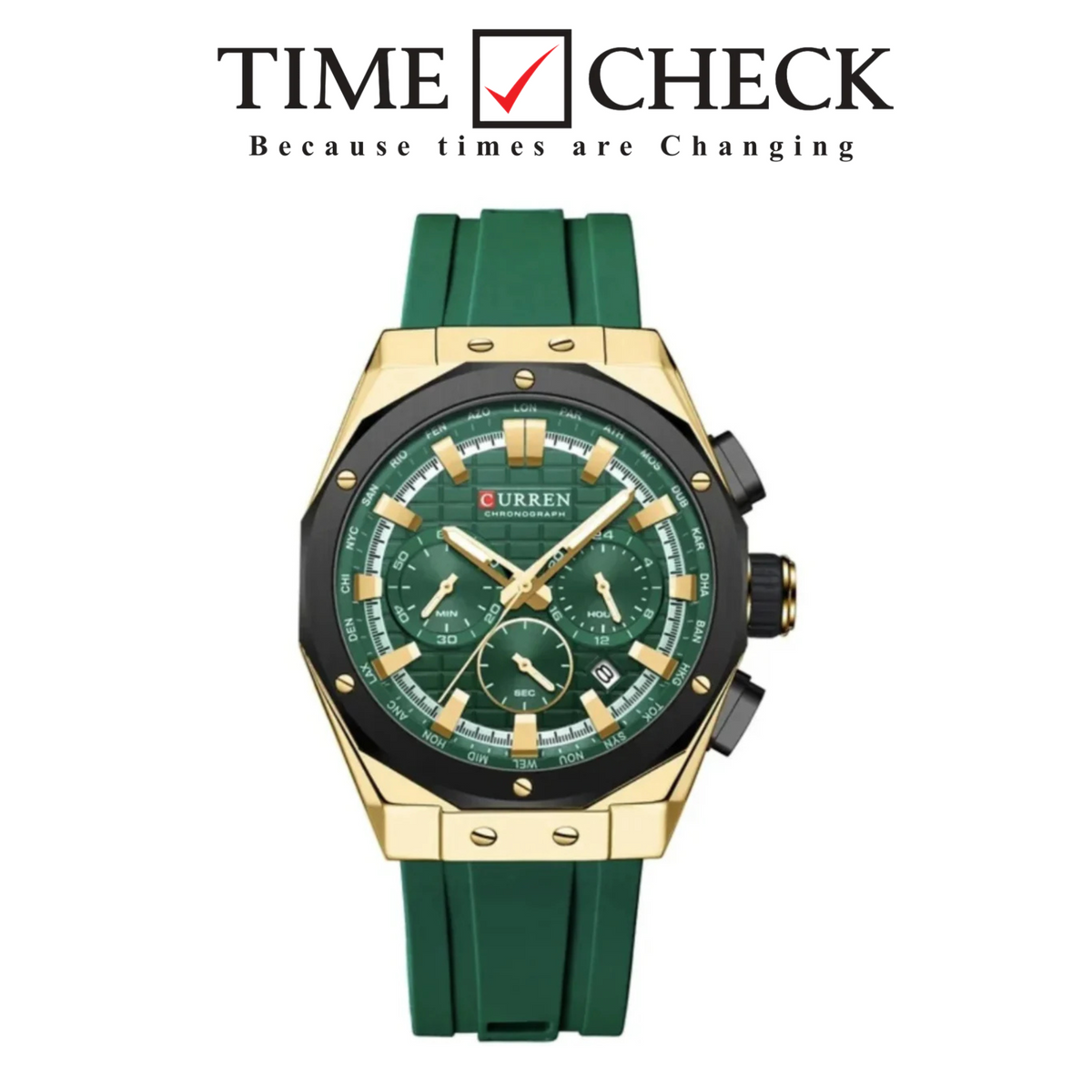 M:8464 CURREN Green Dial Gold Body Green Silicone Strap Original Wrist Watch For Men With Box&Bag