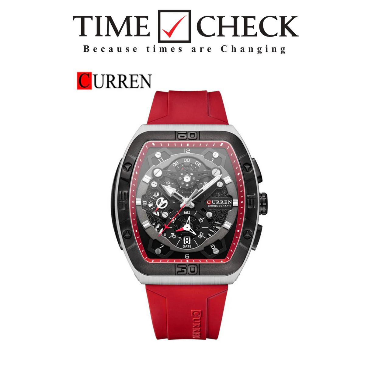 M:8443 Curren black Dial Red Silicone Strap Chronograph Analog Quartz Men's Watch.