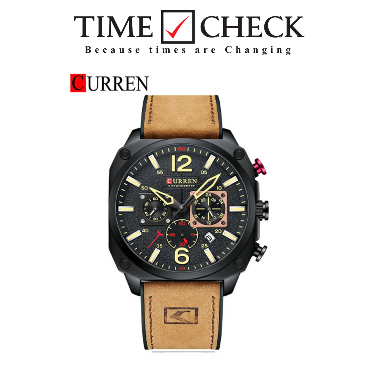 M:8398 Curren black Dial brown lather Strap Chronograph Analog Quartz Men's Watch.