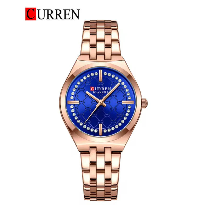 C-9096L Curren Blue Dial ROSE GOLD Stainless Chain Steel Analog Quartz Women's Watch.