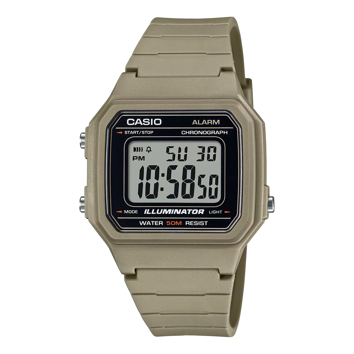 W-217H-5AVDF Casio Beige & Green Resin Case Black Resin Band Digital Quartz Men's Watch.