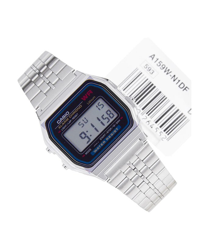 A159W-N1DF Casio Vintage Stainless Steel Silver Tone Digital Rectangle Unisex Watch. - Timecheck
